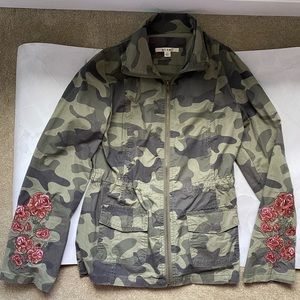 Size Small fitted Fall Camo Jacket with Embroidered flowers on the sleeve